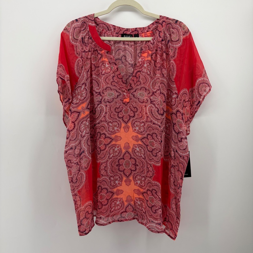 a.n.a Womens 2X Red Paisley Chiffon Blouse Dolman Sleeve V-Neck Top